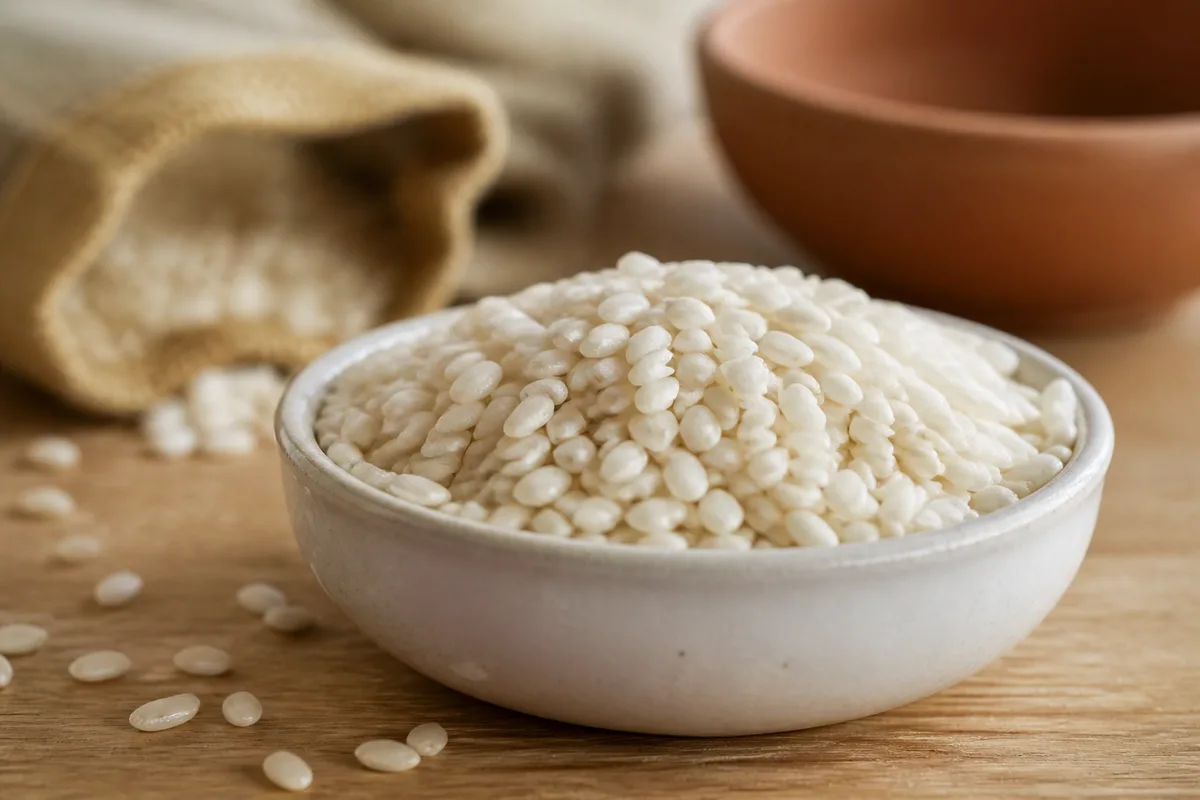 Grains de riz carnaroli dans une coupelle en céramique posée sur un plan de travail en bois