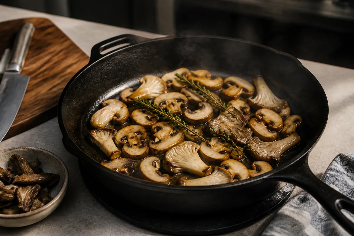 Champignons frais tranchés dorés dans une poêle en fonte avec une gousse d&rsquo;ail