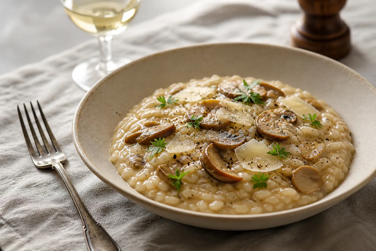 Assiette creuse de risotto aux champignons crémeux avec copeaux de parmesan