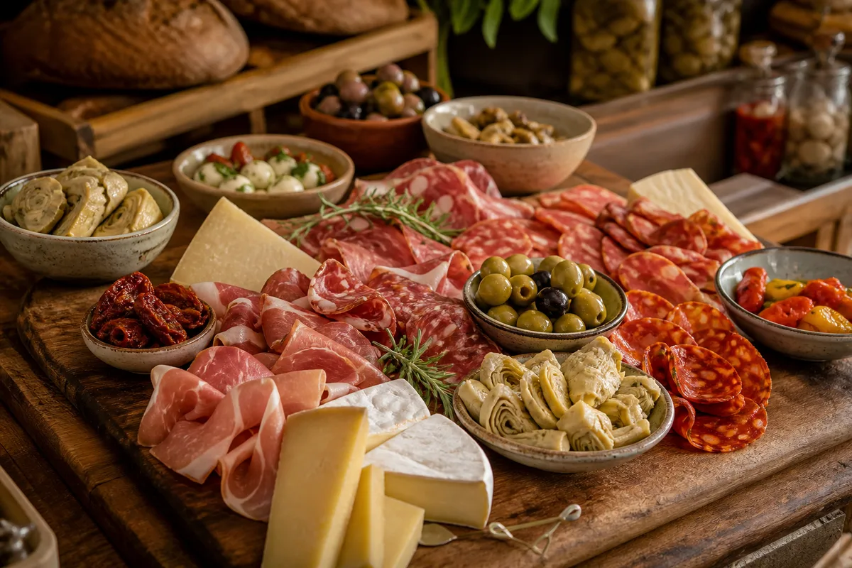 Grande planche d’antipasti avec charcuterie, olives, légumes marinés et fromages
