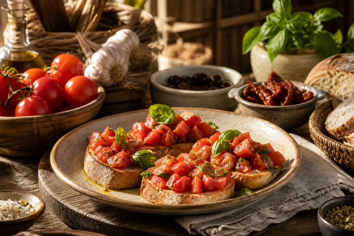 Assiette de bruschetta aux tomates fraîches et basilic sur une table dressée