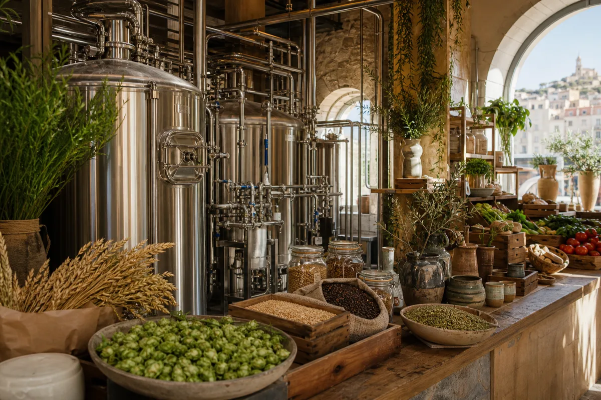 Cuves en inox d&rsquo;une brasserie artisanale marseillaise avec canalisations et vannes