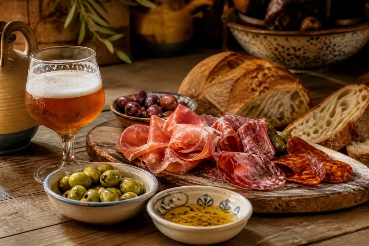 Table d&rsquo;apéritif avec verre de bière ambrée, charcuterie, olives et pain
