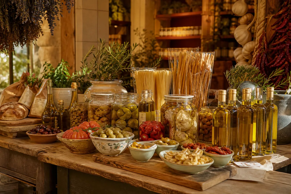 Étal d’épicerie fine avec bocaux, bouteilles d’huile d’olive et conserves italiennes