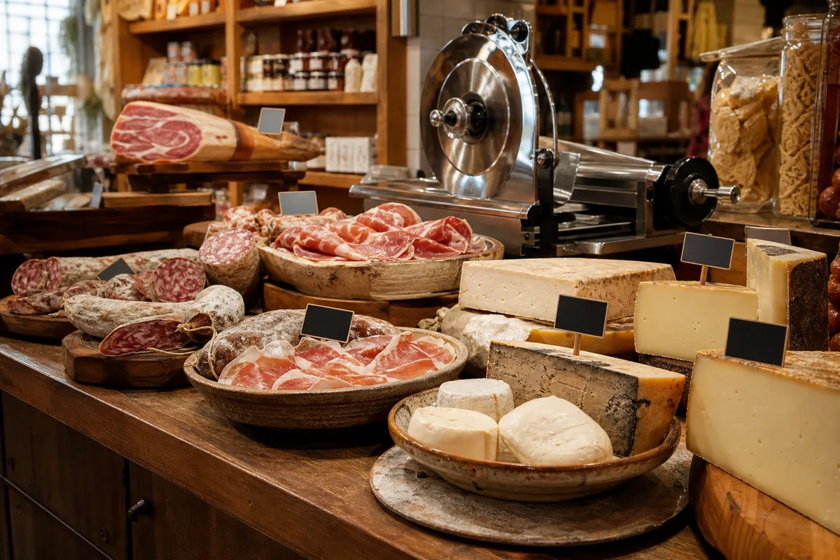 Comptoir de fromages et charcuterie italienne avec trancheuse et étiquettes