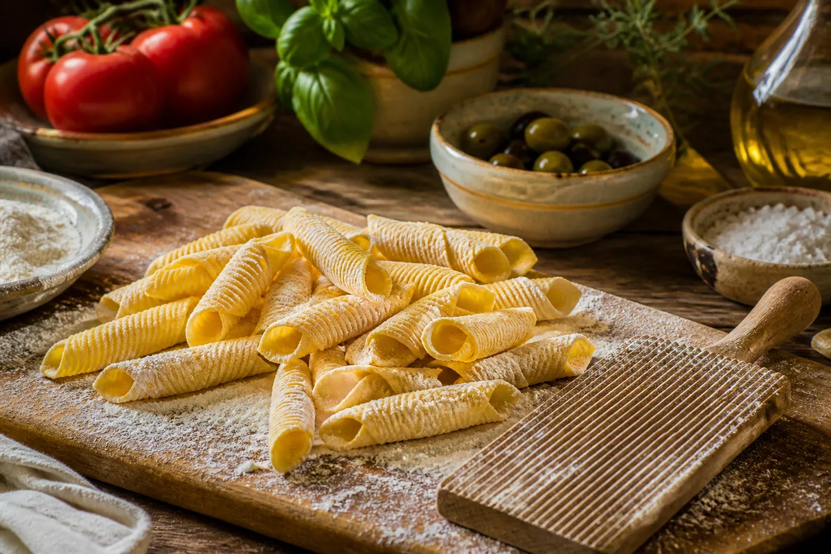 Garganelli frais posés sur une planche de bois farinée à côté d’un peigne à pâtes