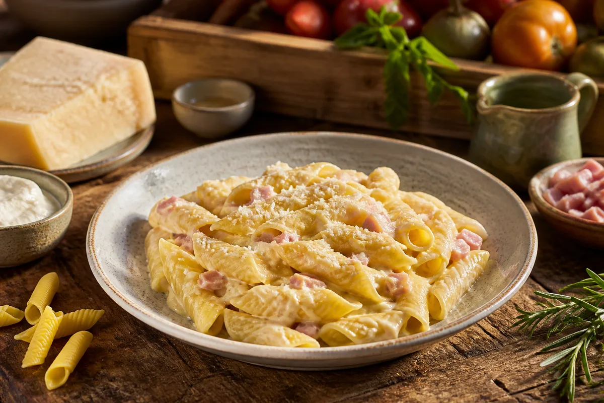 Assiette de garganelli nappés d’une sauce à la crème et au jambon avec parmesan râpé