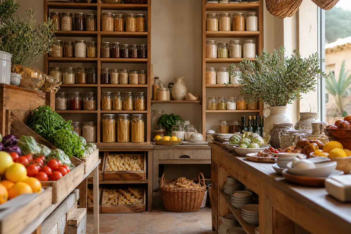 Étal d'épicerie fine avec pâtes sèches en vrac, bocaux d'antipasti et huile d'olive sur un plan de travail en bois