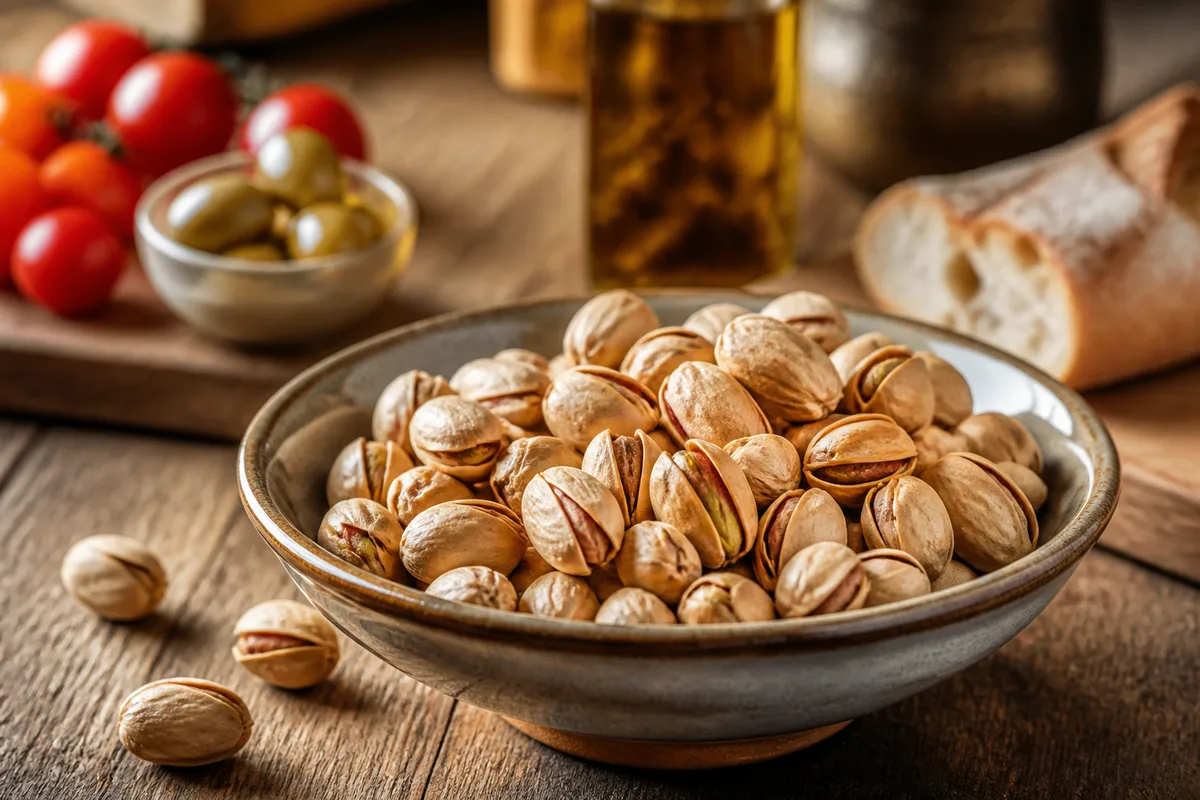 Pistaches grillées en coque servies dans un bol de céramique sur une table en bois