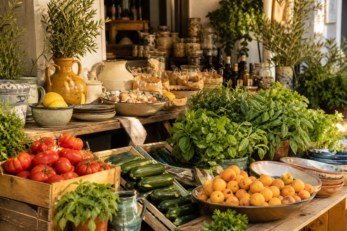 Étal de primeur avec cageots de tomates, courgettes, abricots et herbes fraîches