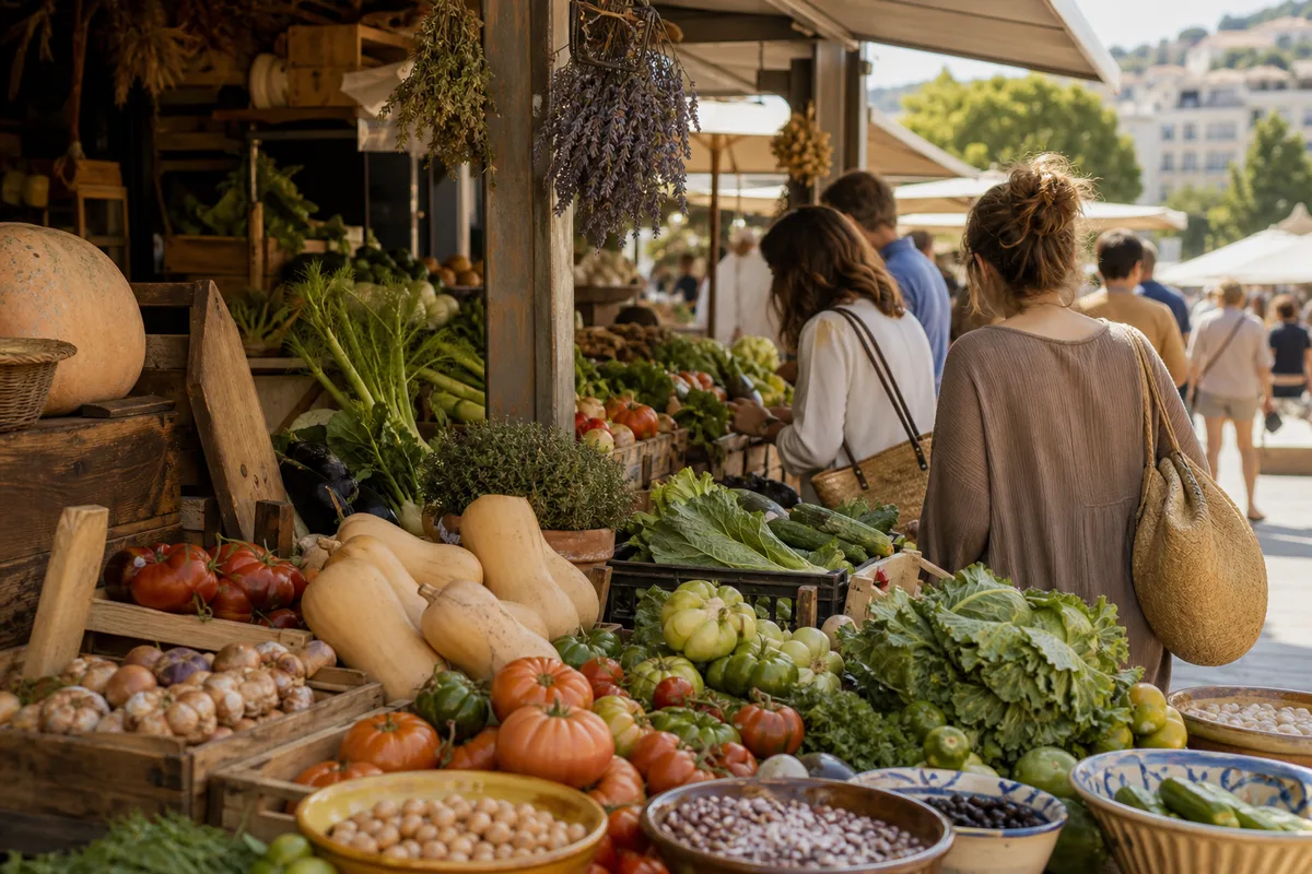 Marché de plein vent avec cageots de légumes de saison et clients devant les étals