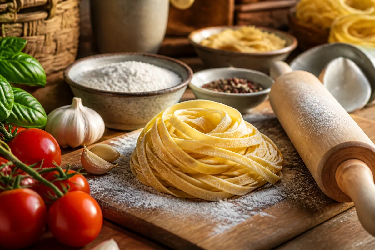 Nid de tagliatelle fraîches sur une planche farinée à côté d’un rouleau à pâtisserie