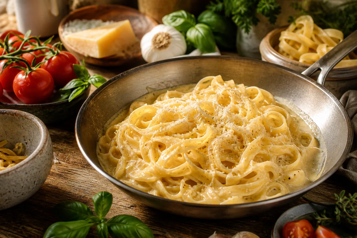 Poêle de tagliatelle sautées avec une sauce onctueuse et du parmesan râpé